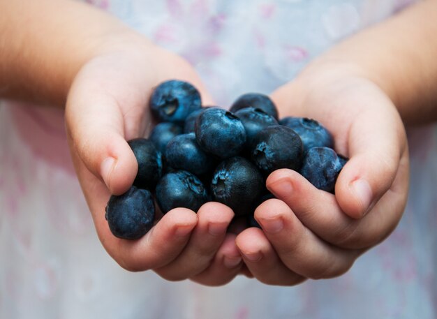 Mani dei bambini con i mirtilli