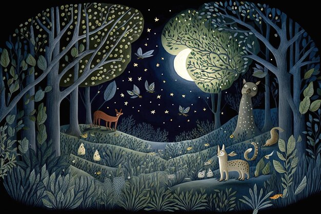 children's illustration magical night mystical forest enchanting whimsical ancient secrets wo