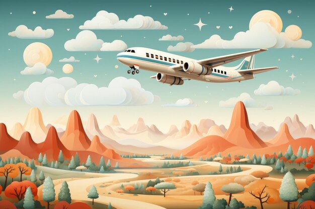 Photo children's memphisstyle illustrations in delicate beige tones in the theme planes sky animal