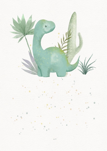 children's party invitation with watercolor cute dinosaurs in the jungle