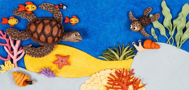 Photo children's picture in plasticine style with sea turtle handmade plasticine illustration children's creativity