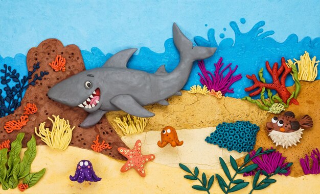 Photo children's picture in plasticine style with shark handmade plasticine illustration children's creativity