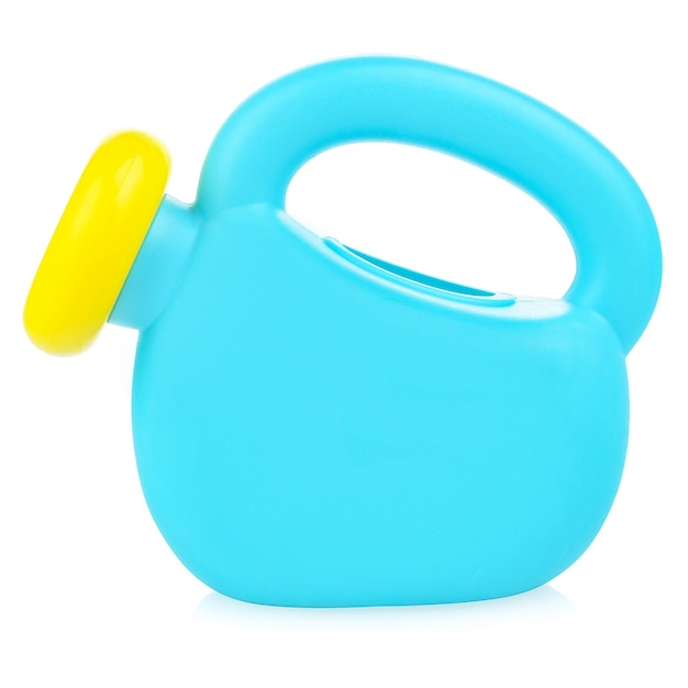 Children's plastic watering can for playing in the sandbox or in the garden Blue watering can isolated on a white background closeup
