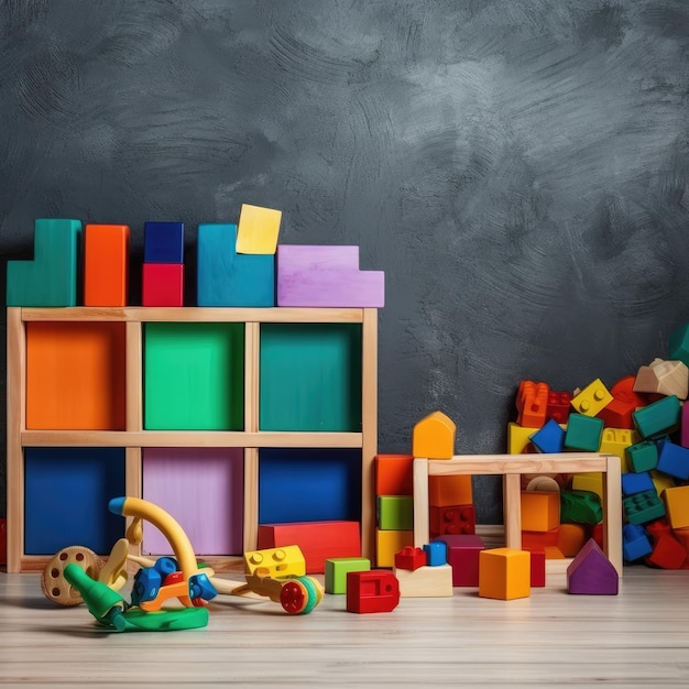 Детская игровая комната с пластиковыми красочными развивающими блоками, игрушками KindergartenGenerative AI