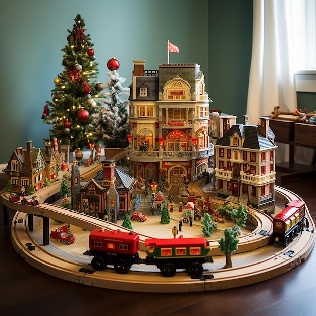 children's playroom with a toy train circling a Christmas village