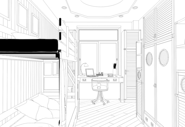 Children\'s room, child\'s room, contour visualization, 3d\
illustration, sketch, outline