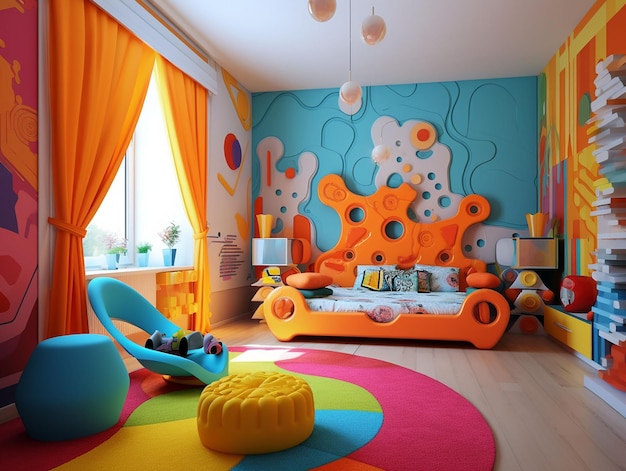 다채로운 팝아트 스타일로 꾸며진 어린이 방입니다. 생성된 AI