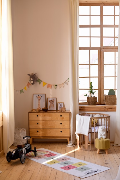 Children's room interior with wood furniture