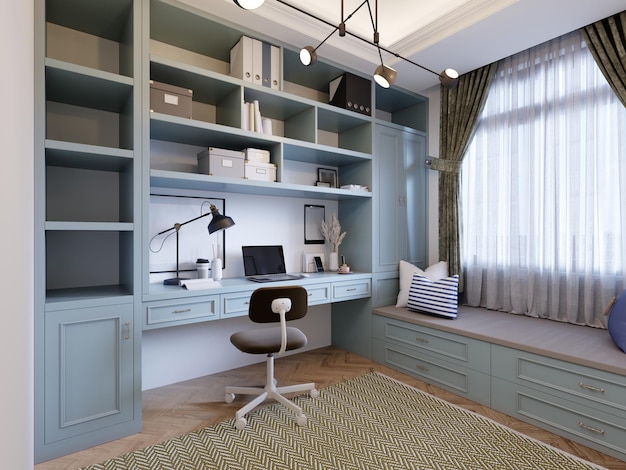 Children's room for a teenager in Provence style with turquoise furniture and bookshelves and cabinets and a work desk 3D rendering