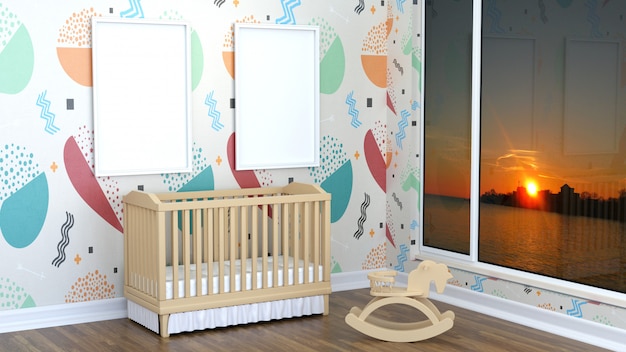 Photo children's room with a cot and an empty frames