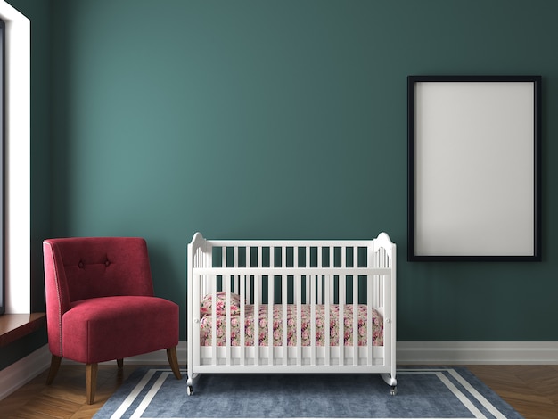 Children's room with a green wall, crib and chair, 3d render