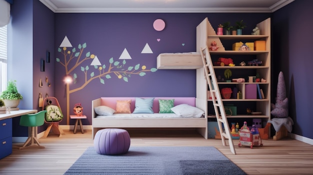 Children's room with a purple accent wall a wooden bunk bed with a ladder