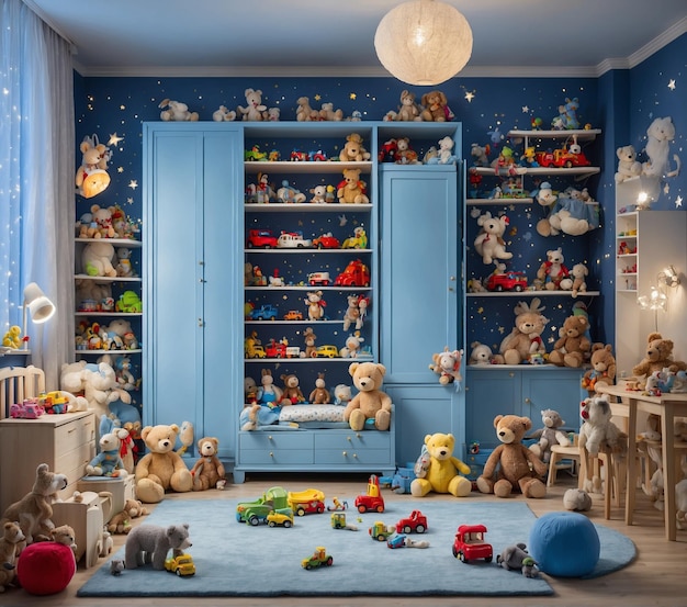 Foto camera dei bambini con giocattoli su uno sfondo blu rendering 3d