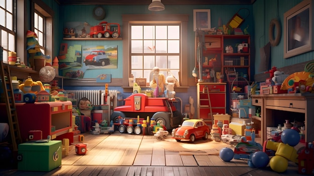 Photo children's room with toys on a wooden floor