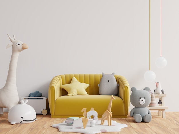 children's room with yellow sofa on empty white wall background.3D Rendering