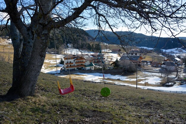 A children's swing hangs under the tree Ski hotels are located in the distance Active recreation