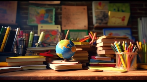 Foto tavolo per bambini con matite e libri ia generativa