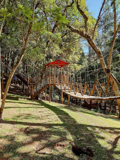 Children's toy in the park with a big wooden bridge to cross