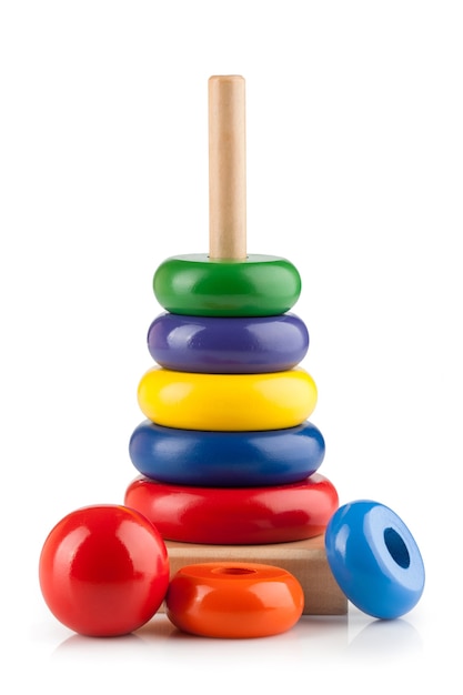 Children's toy pyramid on white background