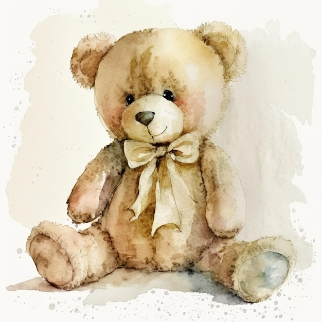 Children's toy teddy bear with a bow watercolor paints Generative AI