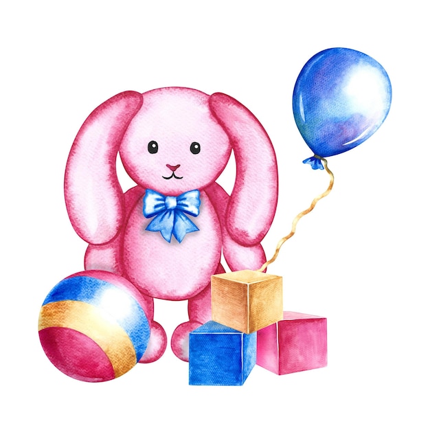 Детские игрушки кубики с мячом и плюшевый кролик Иллюстрация акварелью ручной работы