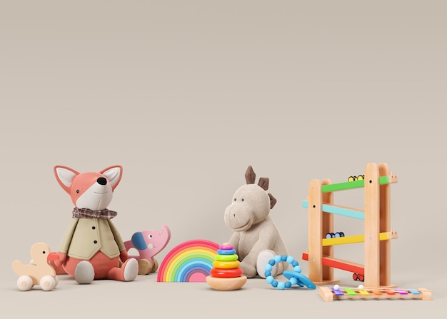 Photo children's toys on beige background with copy space multicolored wooden and plush toys for toddler or baby eco friendly toy plastic free empty space for your text advertising 3d rendering