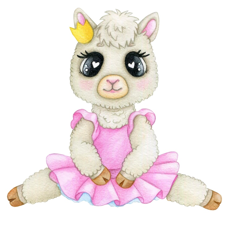 Photo children's watercolor illustration of a lama ballerina