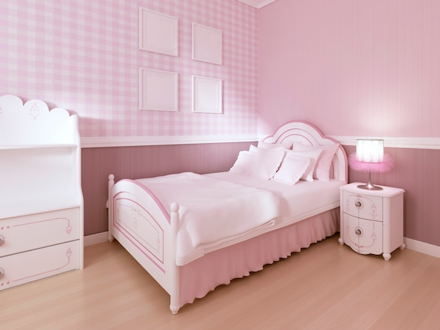 Children's white bed in a classic interior for a teenage girl in pastel colors. 3D rendering.