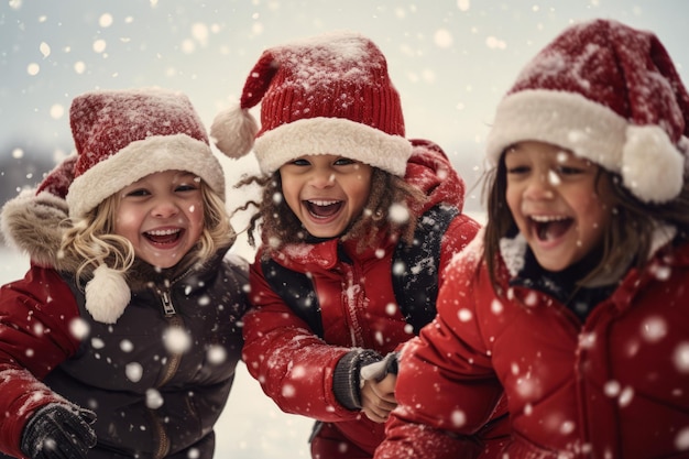 サンタクロースの帽子をかぶった子供たちが雪の中で遊んでいます