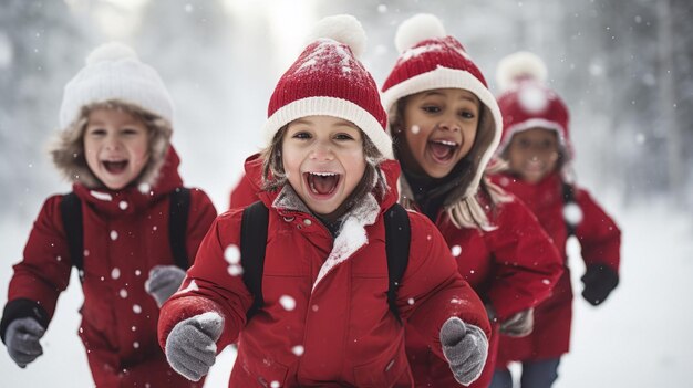 children in santa claus hats playing in the snow Generative AI