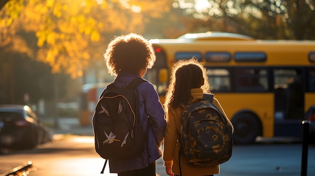 Children at the school bus stop backpacks and excitement in tow