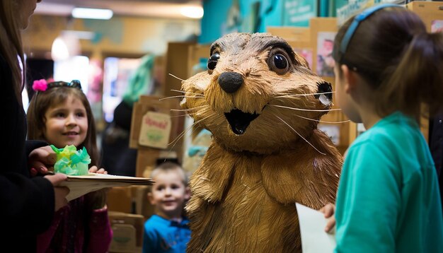 Foto bambini in una festa scolastica che si dedicano all'artigianato del giorno della marmotta e ad attività come la fabbricazione di marmotte