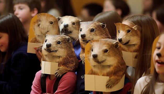 Children at a school festival engaging in groundhog day crafts and activities like making groundhog