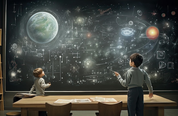 Children in science classes with lots of ideas drawn on blackboard