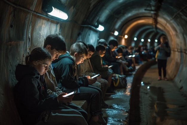 Foto bambini che cercano rifugio in un rifugio antiaereo