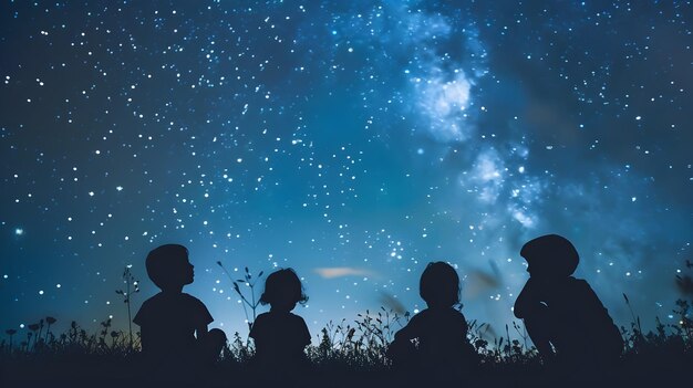 Foto bambini in silhouette su un campo erboso che fissano le stelle un senso di meraviglia e