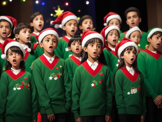 Children sing a song standing by the fireplace on Christmas Eve