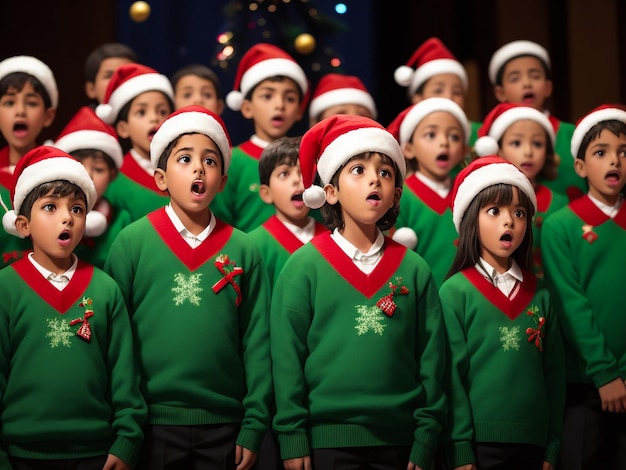 クリスマスイブに暖炉のそばに立って歌を歌う子供たち