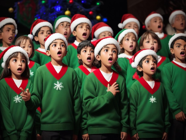 Children sing a song standing by the fireplace on Christmas Eve