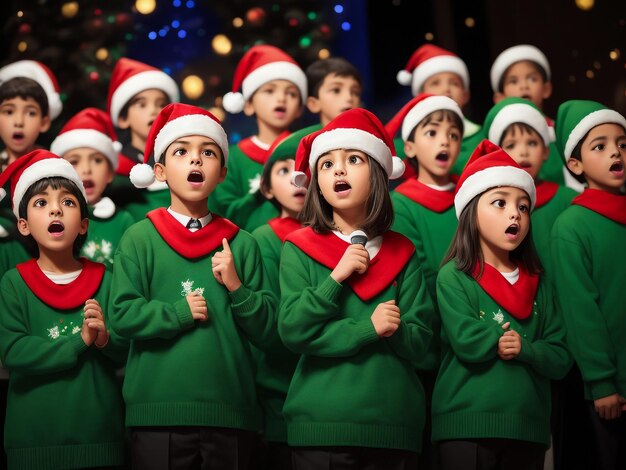 Foto i bambini cantano una canzone in piedi vicino al camino la vigilia di natale