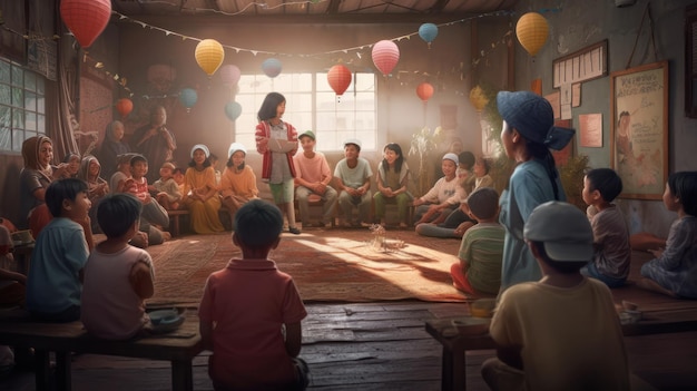 children sit on a carpet in a classroom one of them is wearing orange shirts