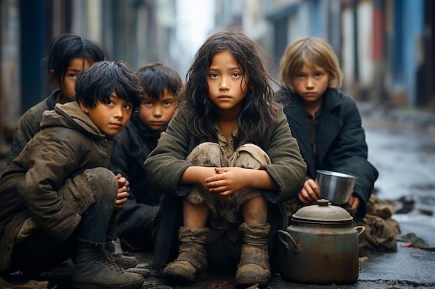 Photo children sit on street corners