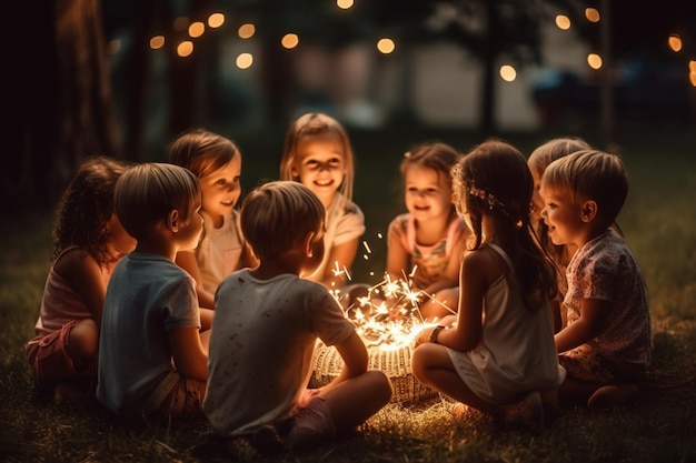 Children sitting in a circle engaged in a storytelling session with smiles on their faces