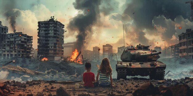 children sitting in front of a ruined ruined city generative ai