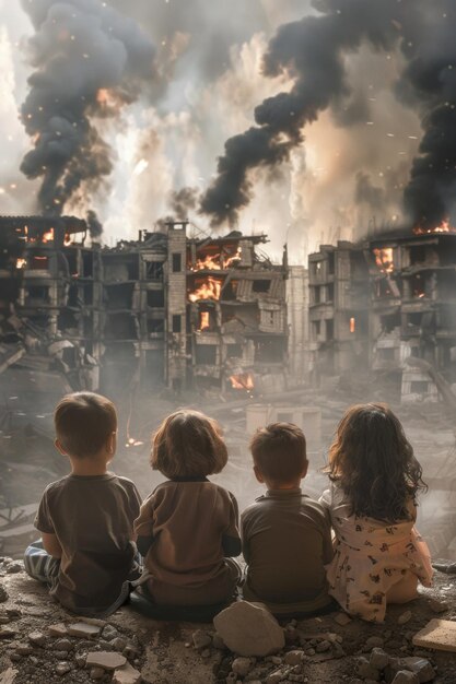 Children sitting in front of a ruined ruined city Generative AI