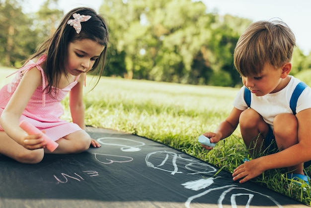 Children sitting on the green grass playing with colorful chalks Happy two little kids drawing with chalks in the park Two friends boy and girl having fun on sunlight outdoors Childhood