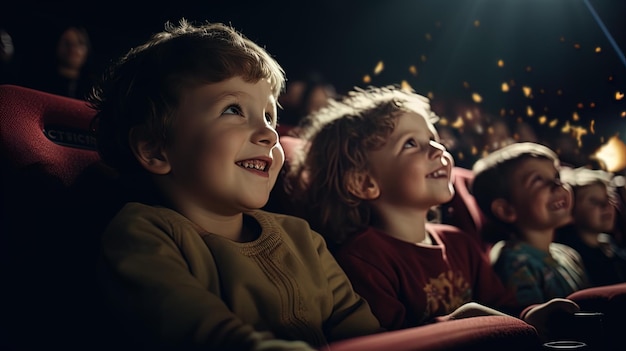 Children sitting in home cinema are waiting for the beginning of the cartoon looking out the windo