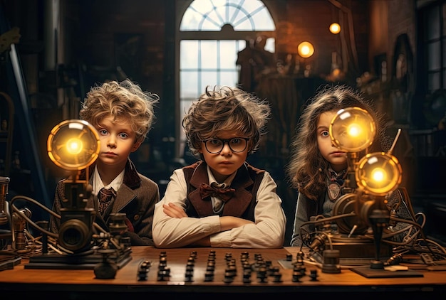 children sitting next to a large white table in the style of cybermysticsteampunk