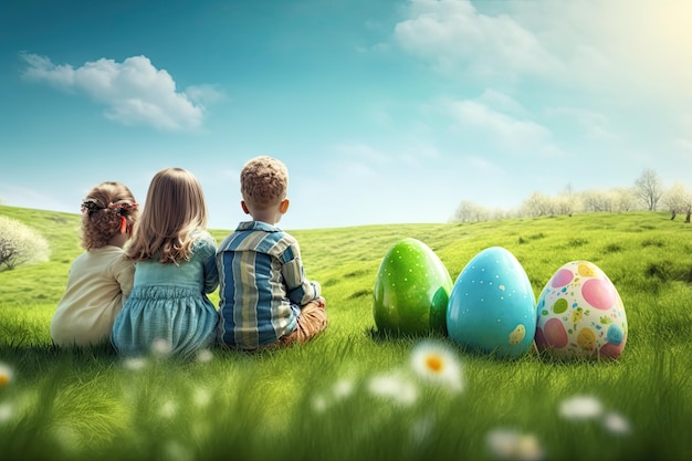 Children sitting in the meadow near big easter eggs Generative AI