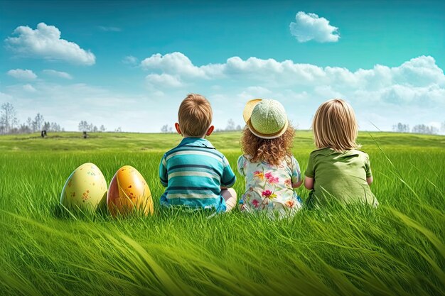 Children sitting in the meadow near big easter eggs Generative AI